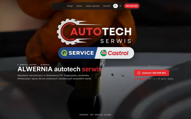 Home screen with the AUTOTECH serwis logo, the Q Service Castrol badge and a call button