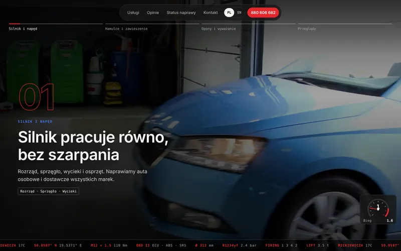 Engine and drivetrain section over a full screen photo of a car in the workshop