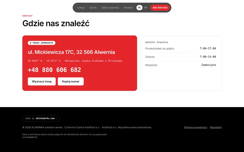 Contact section with the address in Alwernia, opening hours and route button