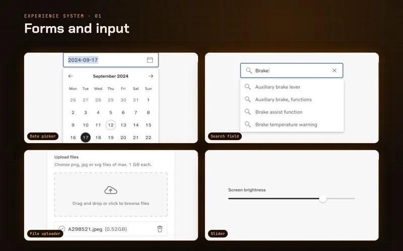 Forms and input: date picker, search field with suggestions, file uploader and slider